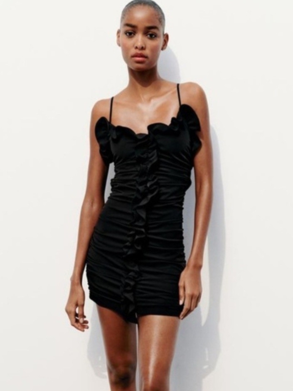Zara Black Ruffle Ruched Mini Dress